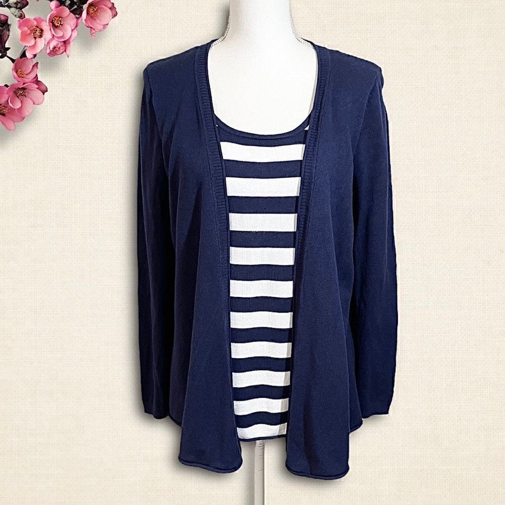 Navy & White Stripe Pullover Faux Cardigan Sweater Sz L 12-14